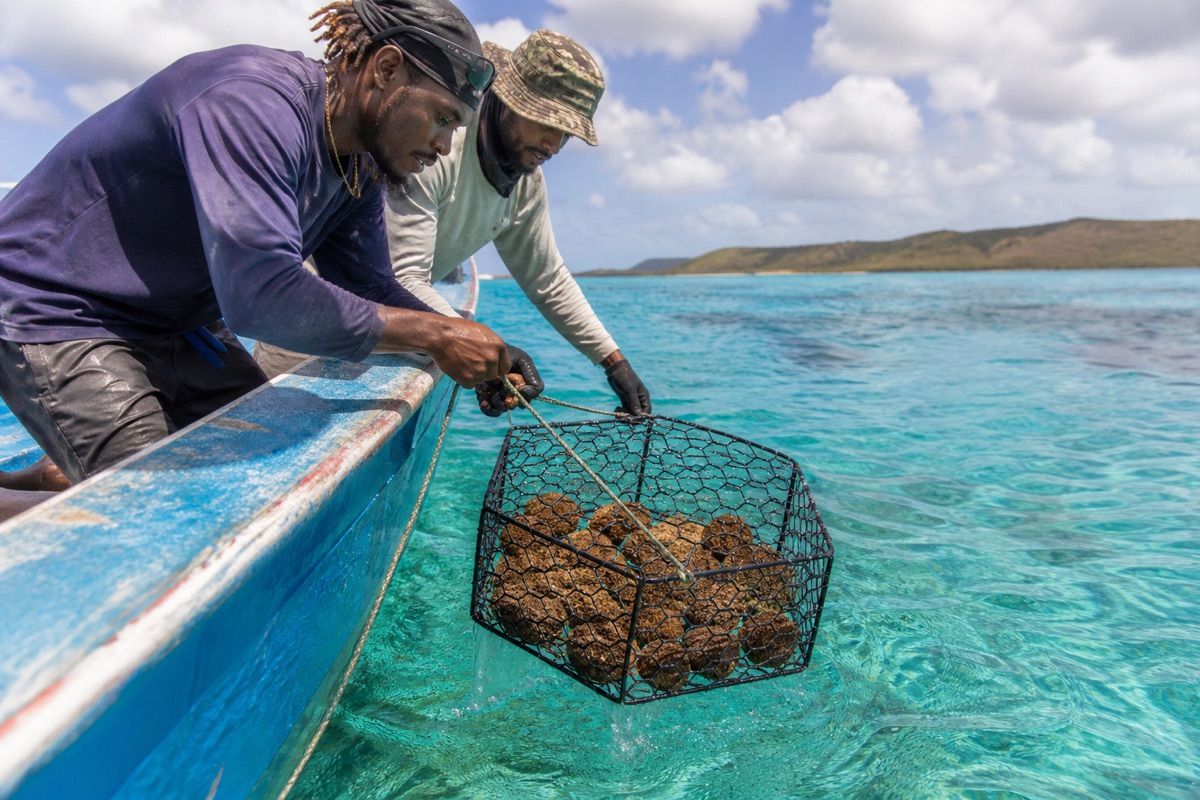 Deploying sea-cookie cages from a boat